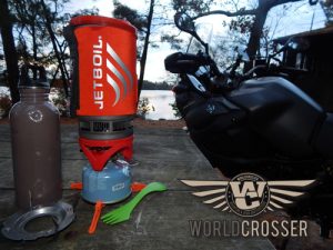 The Jetboil Flash stove is great addition to your adventure motorcycle camping kit.